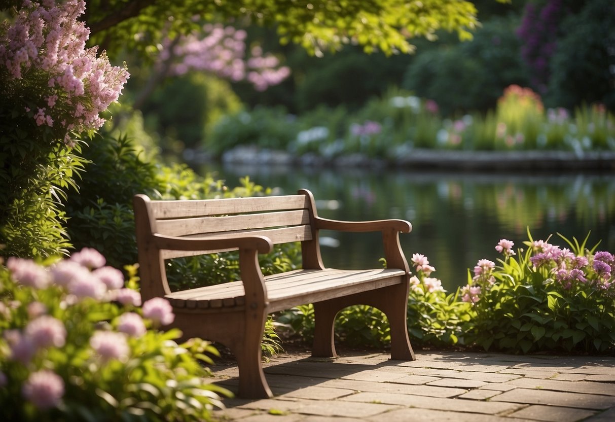 A wooden bench sits beside a tranquil duck pond in a lush garden setting, surrounded by vibrant flowers and greenery