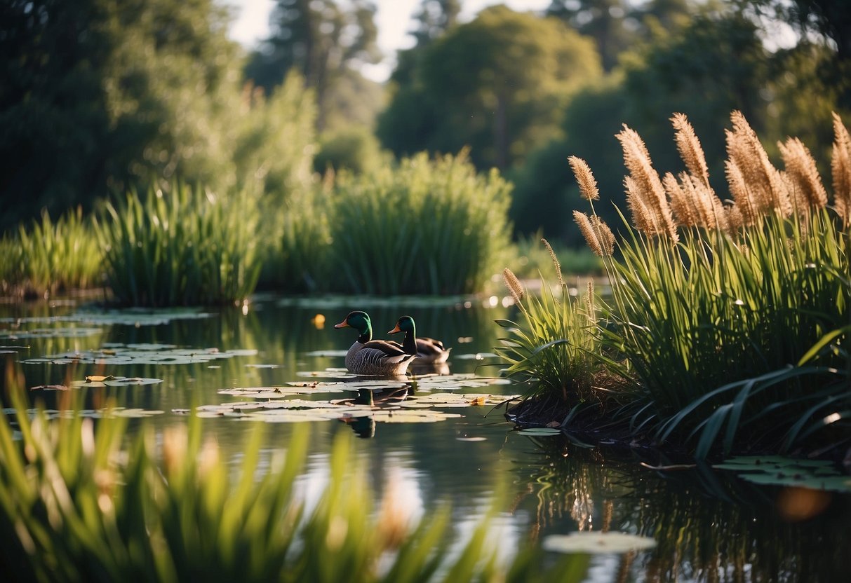 A serene pond surrounded by native plants, with ducks swimming peacefully among the reeds and water lilies