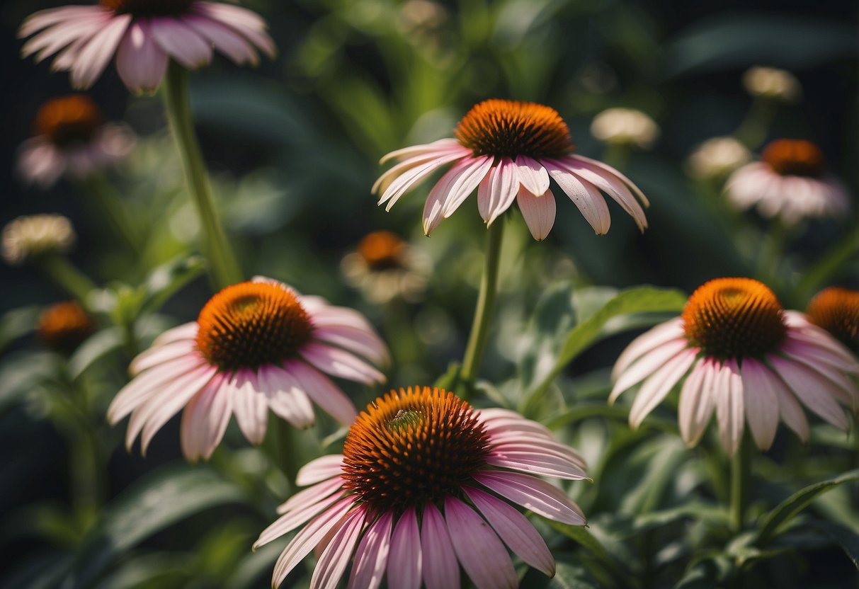 A vibrant mix of heritage echinacea flowers bloom in a lush garden, creating a colorful and lively scene