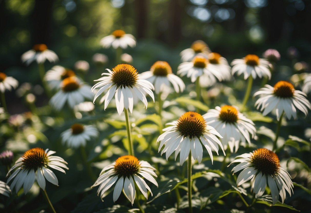 A garden filled with white Swan Echinacea flowers in full bloom, surrounded by lush green foliage and dappled sunlight filtering through the trees