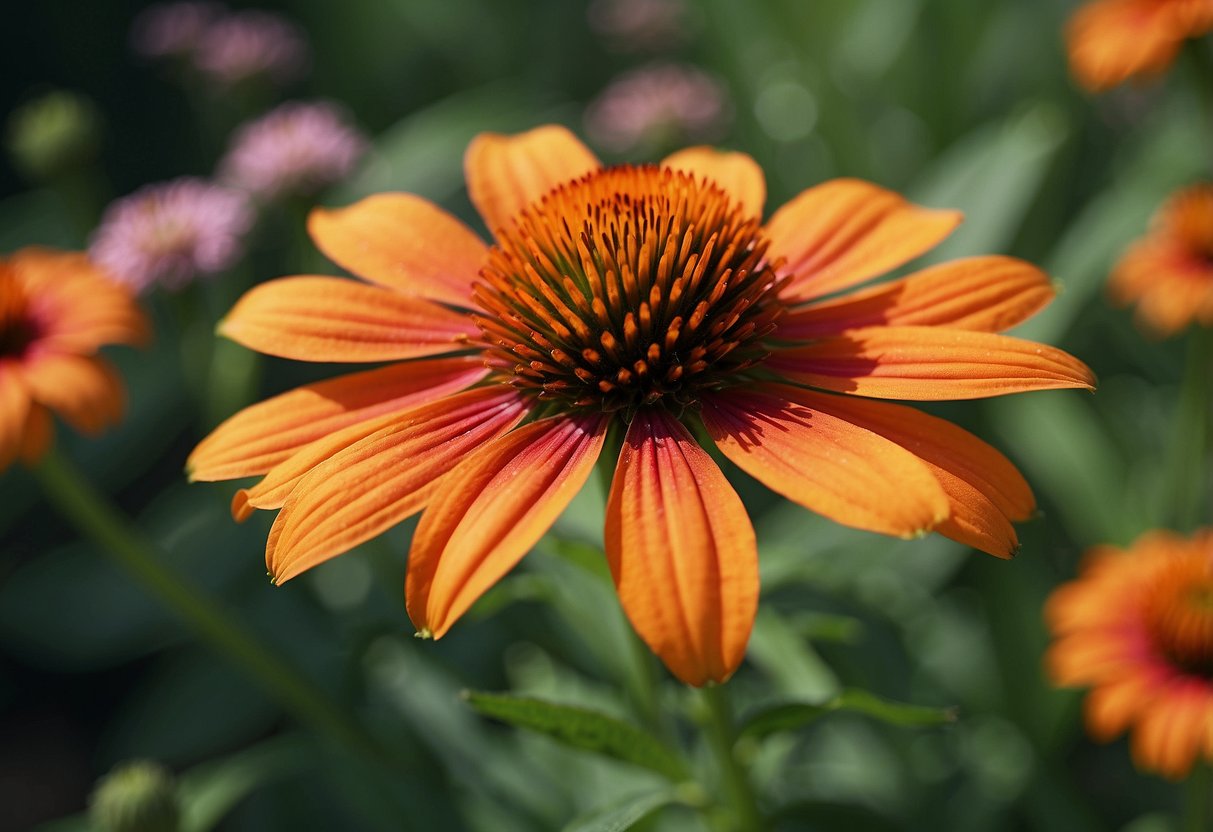 A vibrant echinacea 'Orange Skipper' stands tall in a colorful garden, surrounded by other blooming flowers and lush green foliage