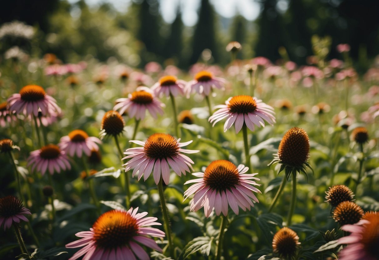 A vibrant garden filled with blooming echinacea flowers of various colors and sizes, surrounded by lush green foliage and buzzing with pollinators