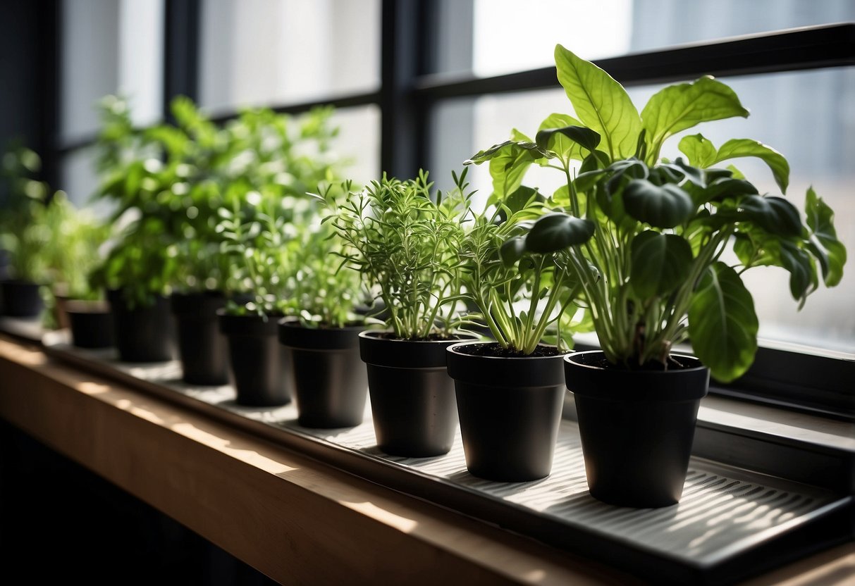 Lush green herbs and vegetables growing in various containers on a sunlit indoor shelf