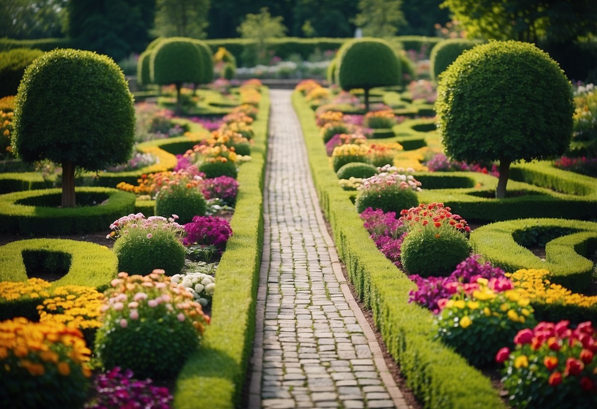 A lush green garden with shamrock topiaries arranged in a symmetrical pattern, surrounded by colorful flowers and a stone pathway