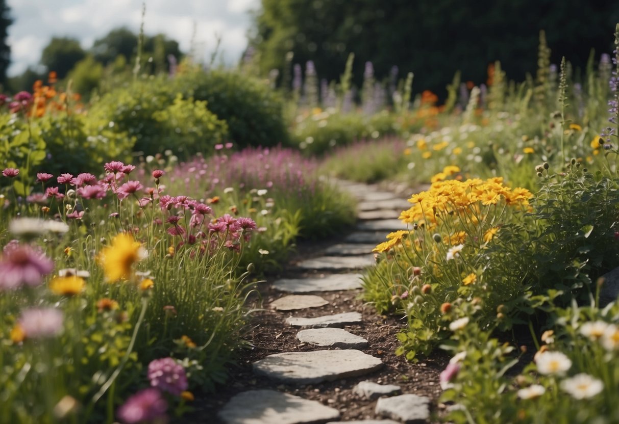 A colorful wildflower meadow in an Irish garden, with a variety of flowers in bloom, surrounded by lush greenery and a stone pathway