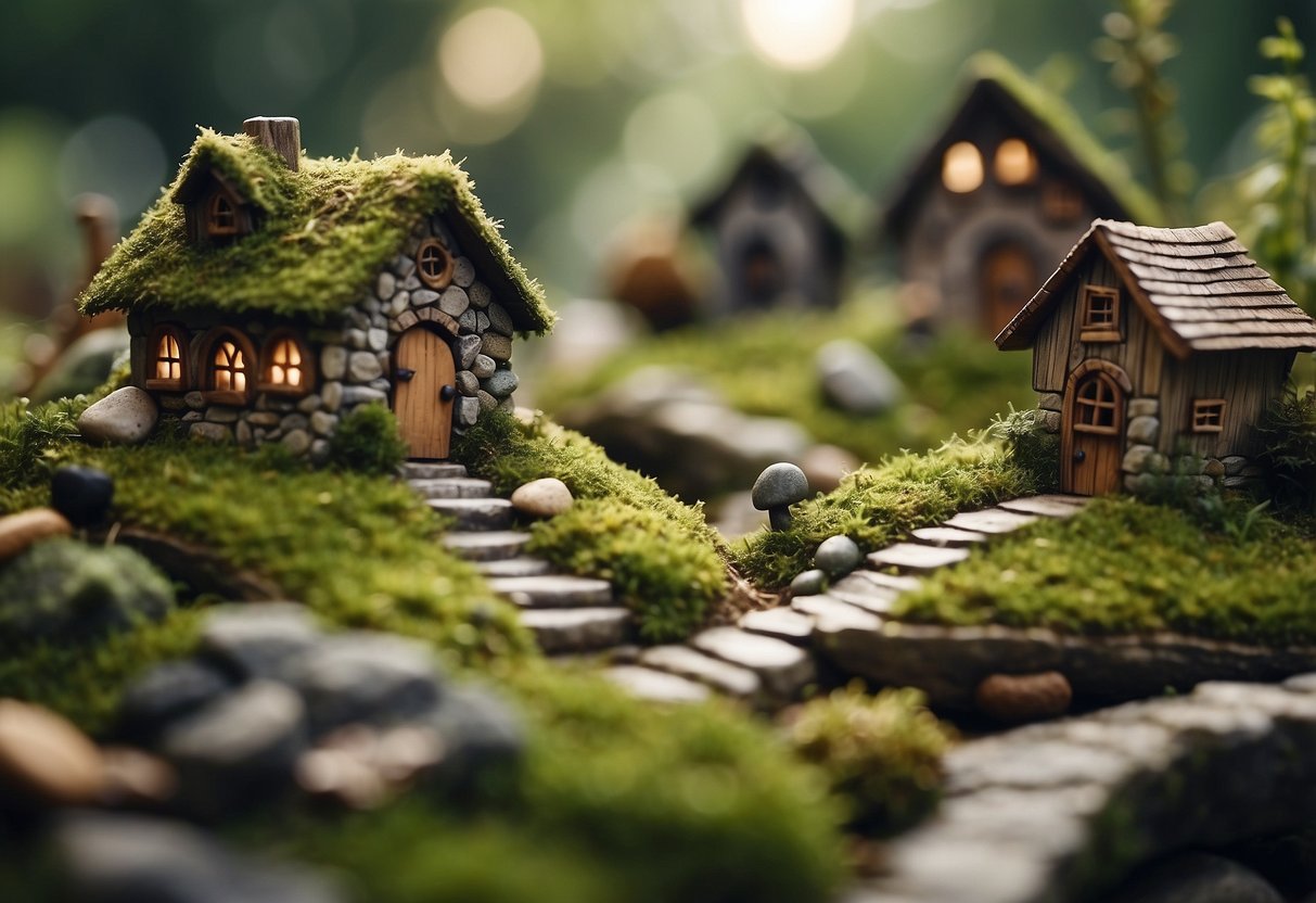 A stone fairy garden with moss-covered rocks, small wooden houses, and winding pathways. A rustic charm with whimsical details and lush greenery