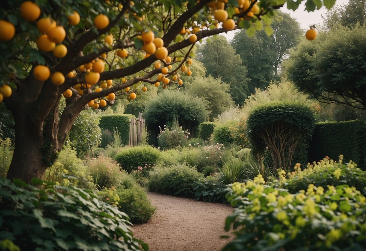 Lush green garden with colorful heritage fruit trees and rustic Irish design elements