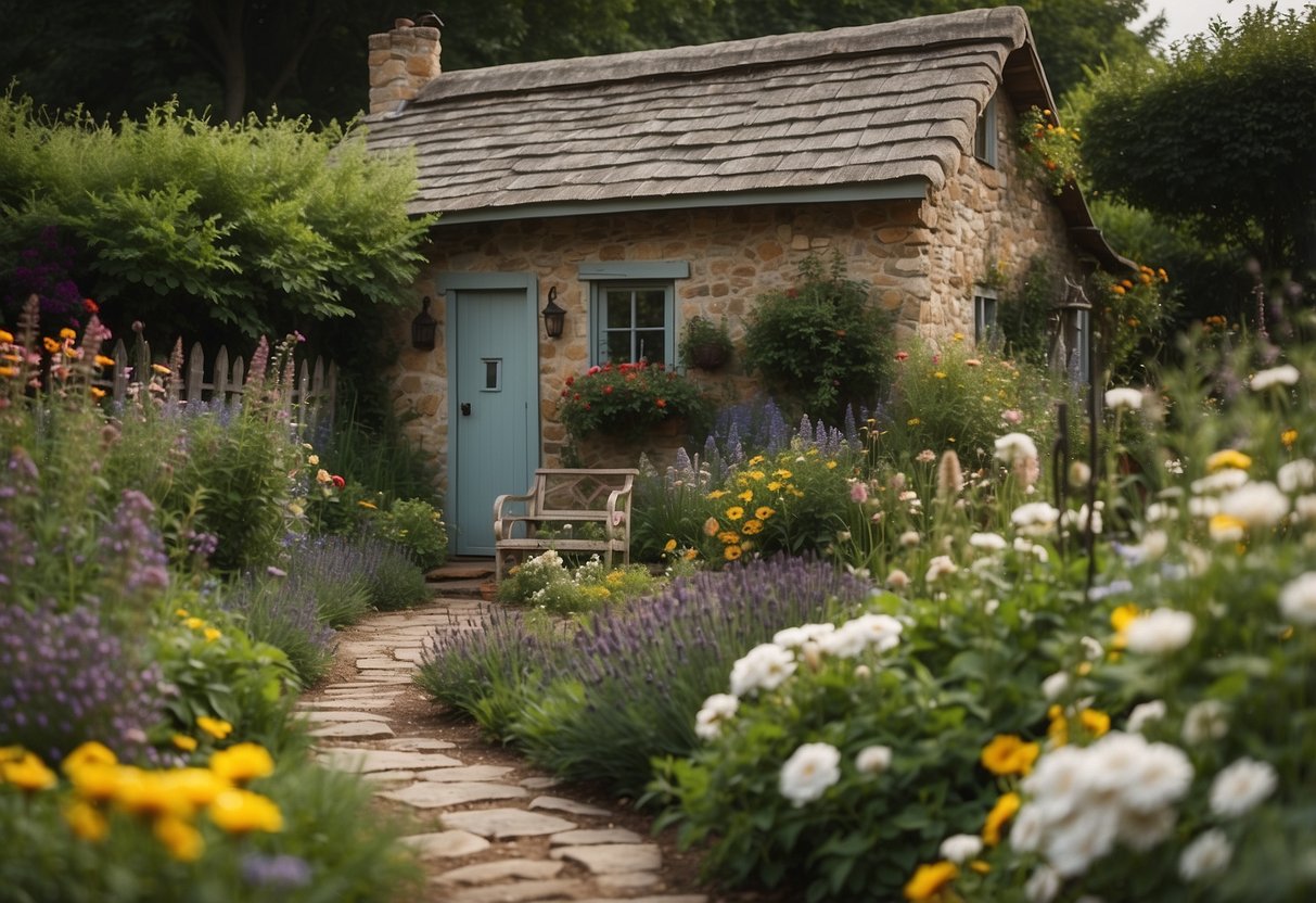 A quaint cottage nestled in a lush herb garden, with a variety of aromatic plants and colorful flowers. Stone pathways wind through the garden, leading to a charming rustic bench and a small wooden shed