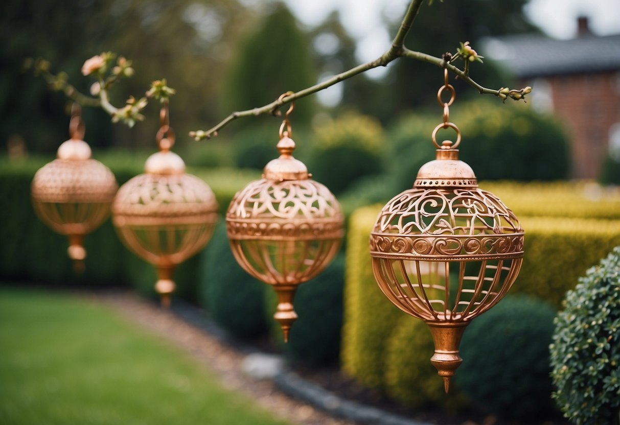 Copper garden ornaments adorn an Irish garden, adding charm and elegance to the outdoor space