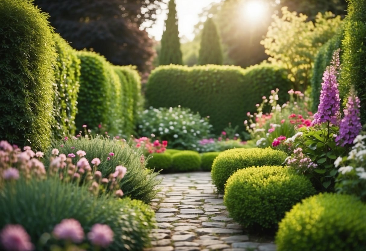 Lush green garden with stone pathways, colorful flowers, and a cozy seating area. Tall hedges and a rustic wooden fence add privacy and charm