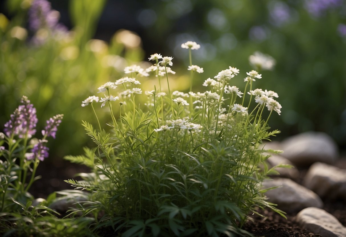 Lush green herbs and flowers fill the garden, emitting a pleasant aroma. A gentle breeze carries the scents, creating a peaceful and calming atmosphere