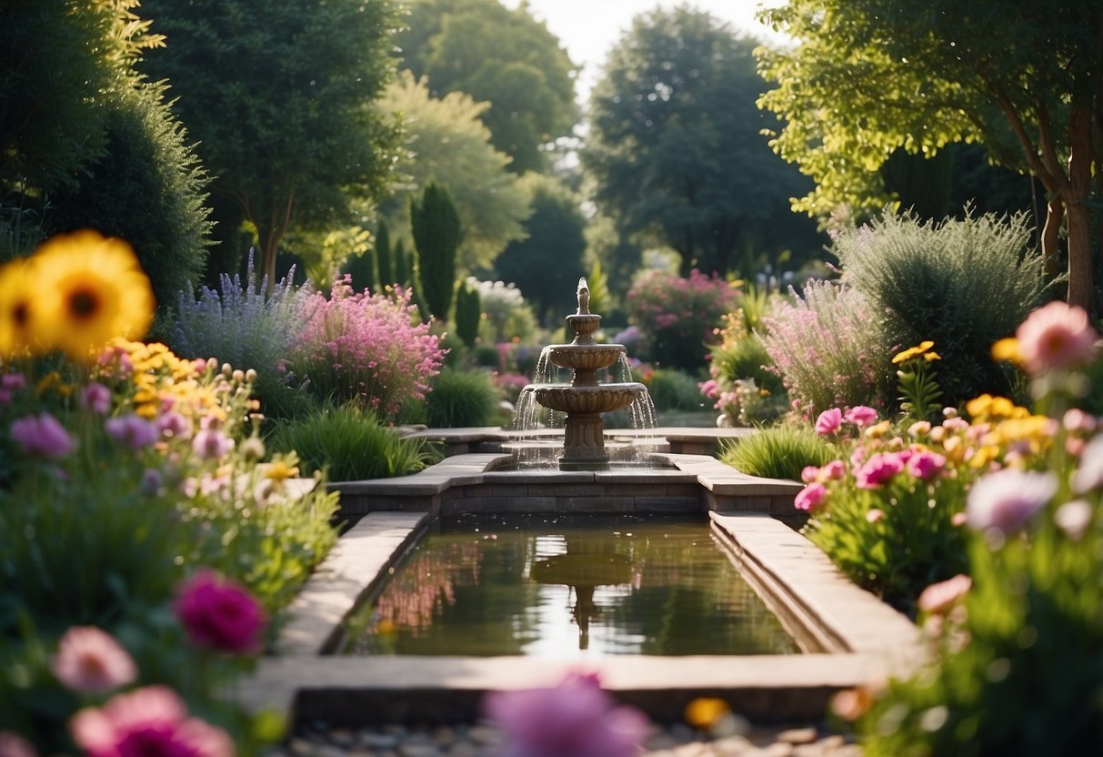 A tranquil sensory garden with a water fountain as the focal point, surrounded by vibrant flowers and textured pathways for elderly enjoyment