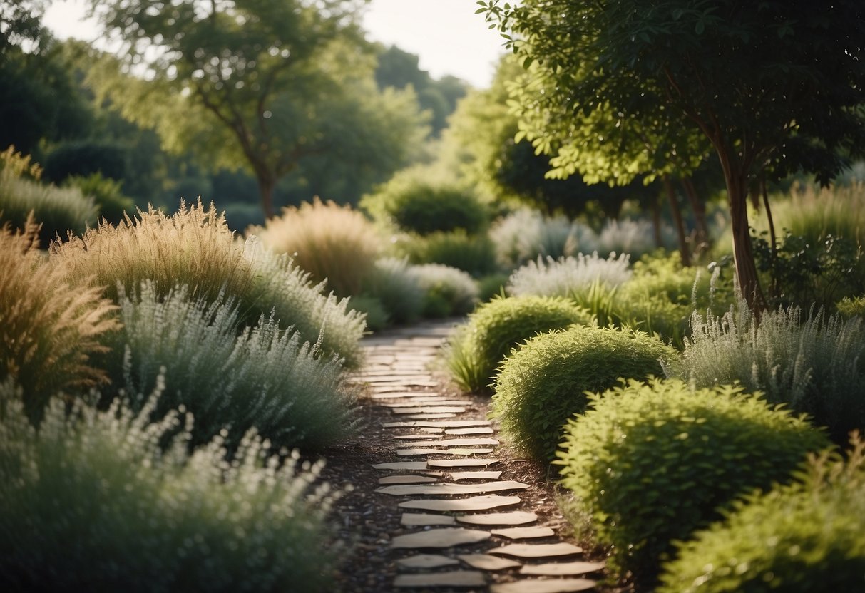 A winding path of textured leaves, leading through a peaceful garden filled with fragrant herbs and soft, rustling grasses