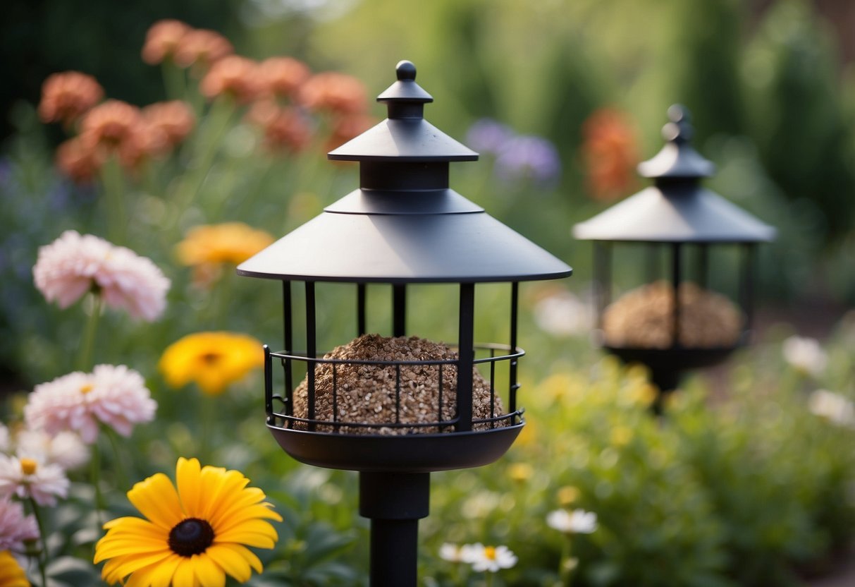 A variety of bird feeders and houses are nestled among colorful flowers and plants in a peaceful and accessible garden for the elderly