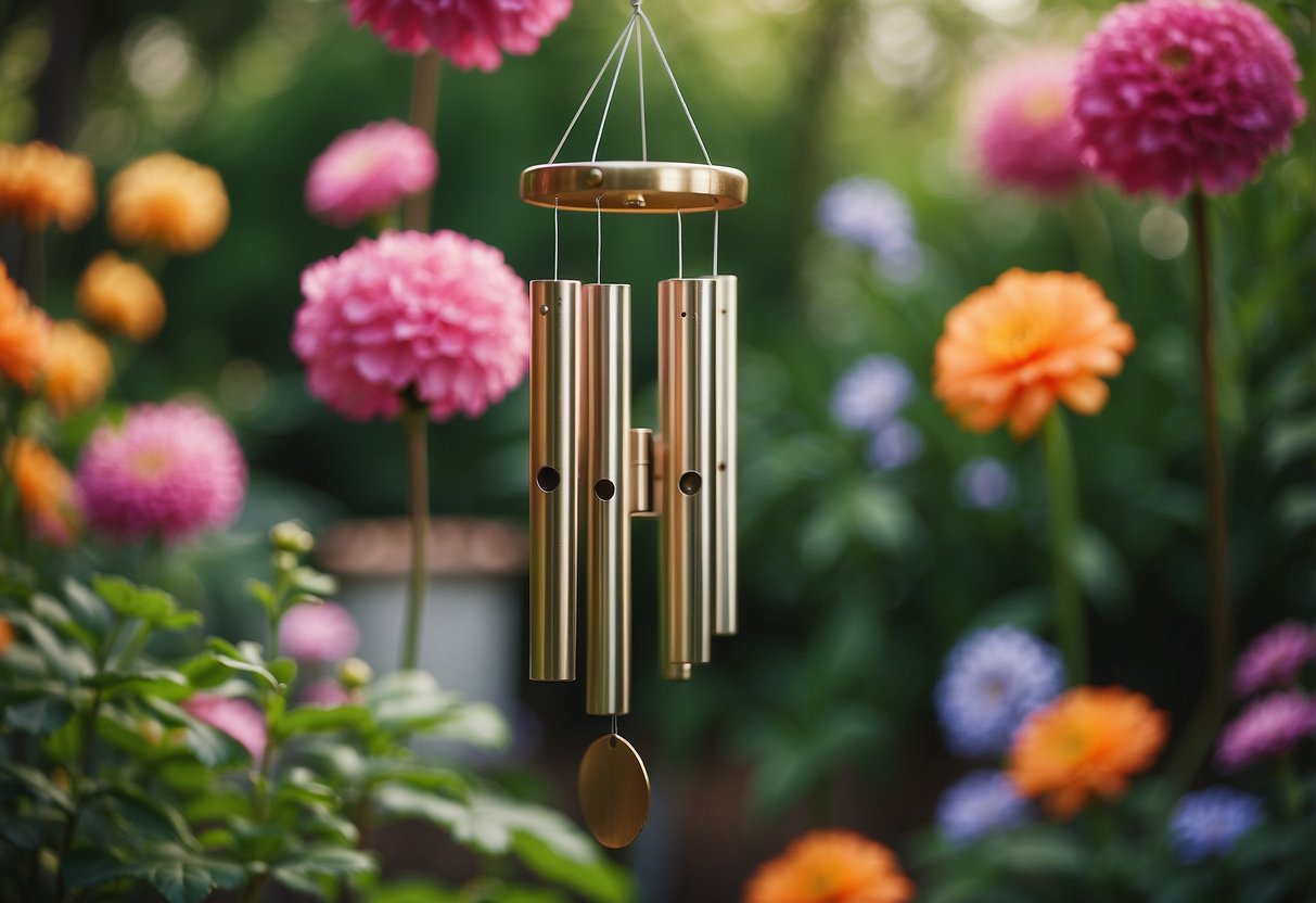 Wind chimes sway in a peaceful garden, surrounded by colorful flowers and textured plants. The gentle breeze creates a soothing melody for elderly visitors