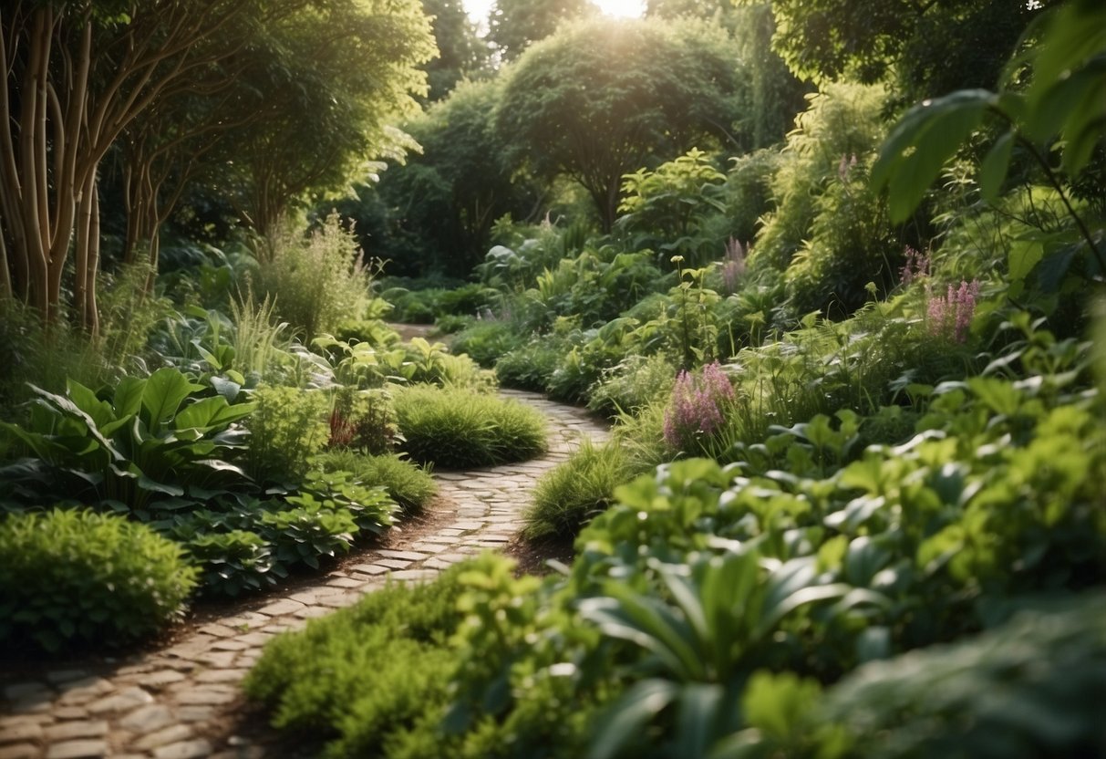 Lush green foliage surrounds a winding path in the Edible Plant Section. Fragrant herbs and colorful vegetables create a vibrant sensory experience for the elderly