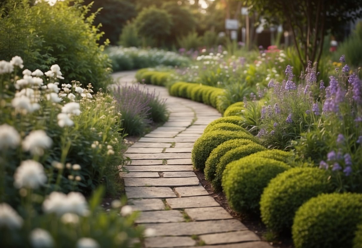 A winding pathway lined with fragrant flowers and herbs, leading through a tranquil garden for the elderly