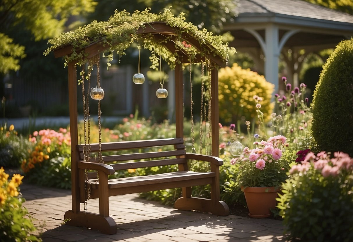 Shaded seating areas surrounded by vibrant flowers and textured plants, with gentle wind chimes and bird feeders, creating a peaceful sensory garden for the elderly