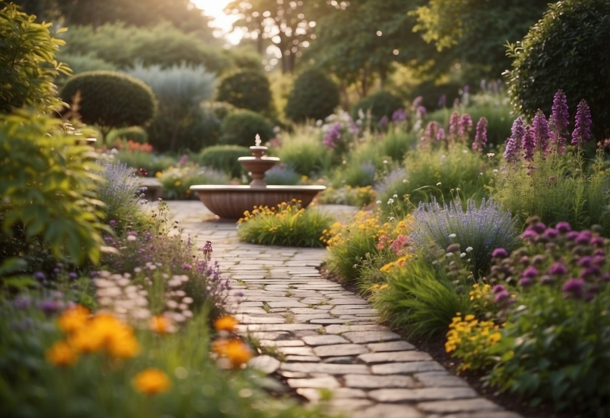 A winding path leads through a sensory garden, with vibrant flowers, textured plants, and fragrant herbs. A gentle breeze rustles the leaves, and a small fountain provides a soothing sound