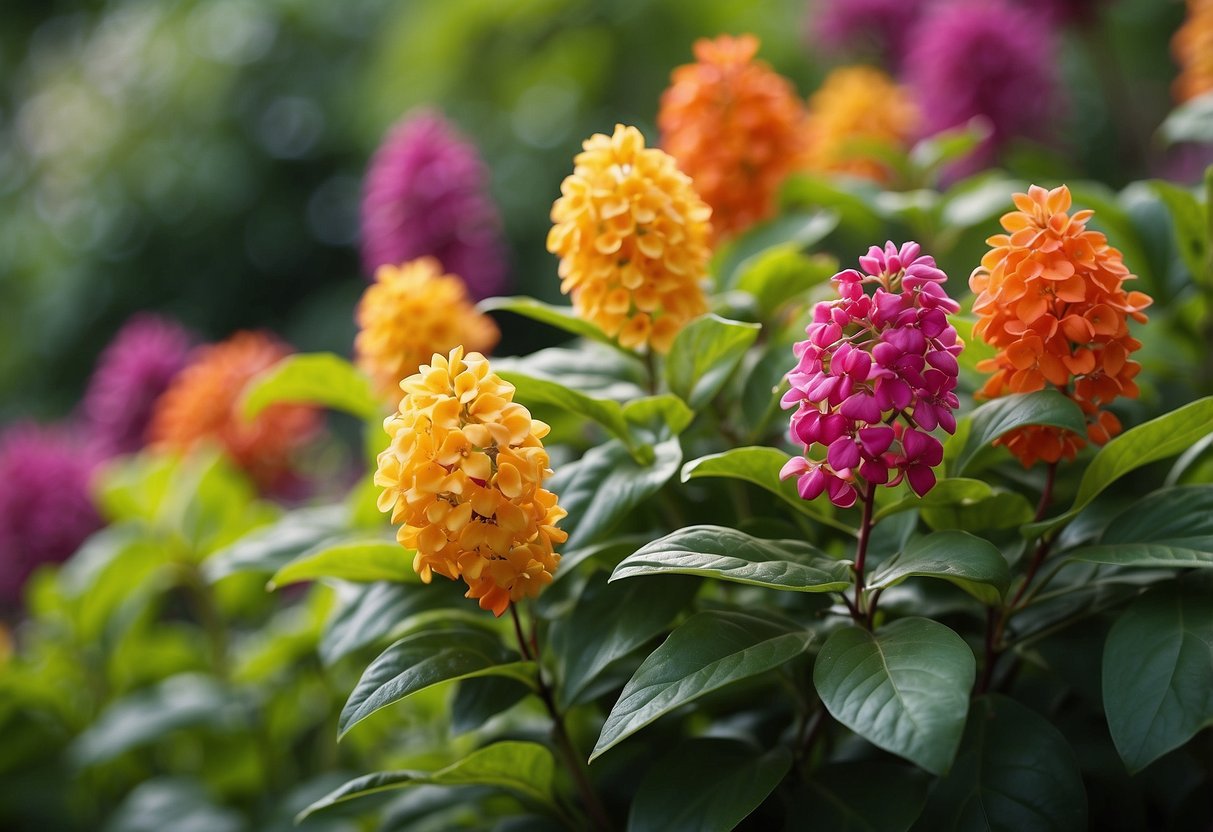 A vibrant mix of Euonymus plants intertwined with colorful perennials in a lush garden setting