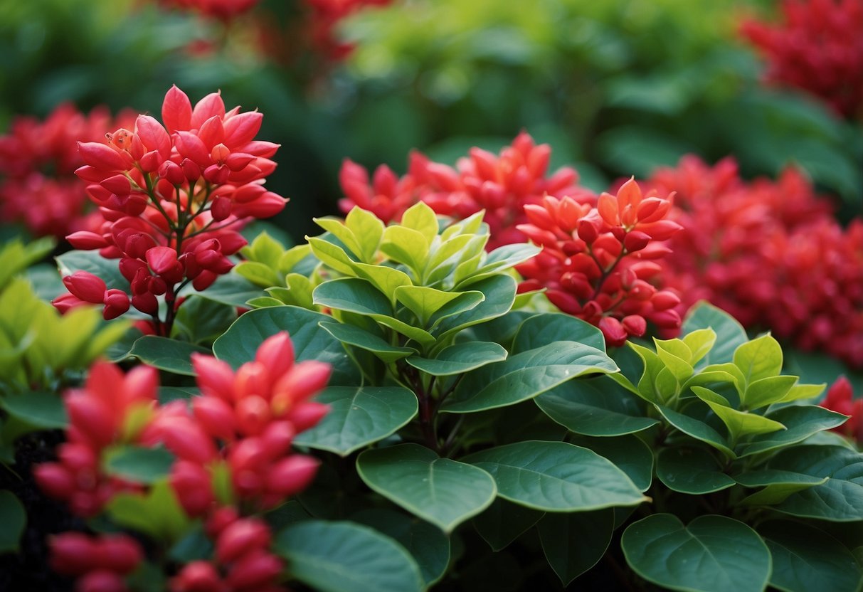 Lush green and vibrant red euonymus plants create a colorful garden display, with varying heights and textures for visual interest