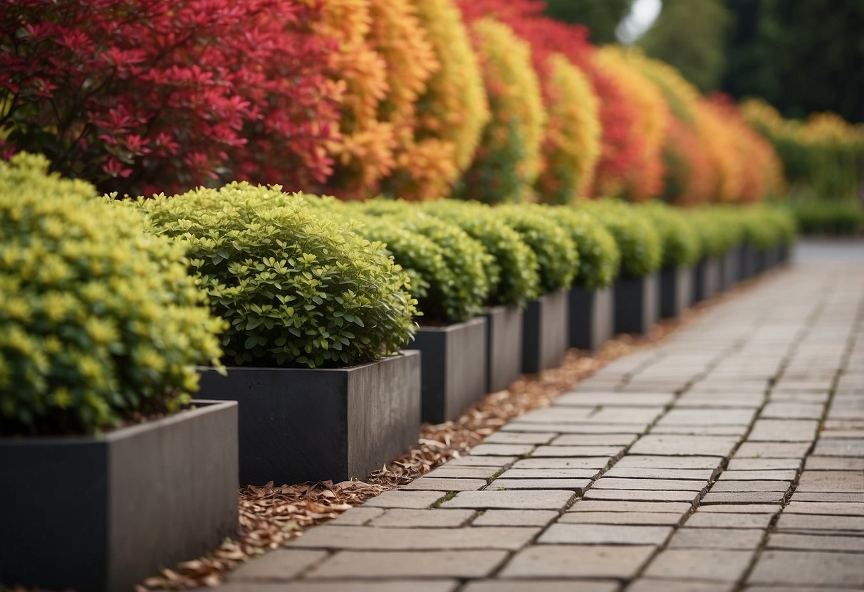 A neat row of vibrant Euonymus plants line the edge of a well-kept garden, providing a striking border with their colorful foliage