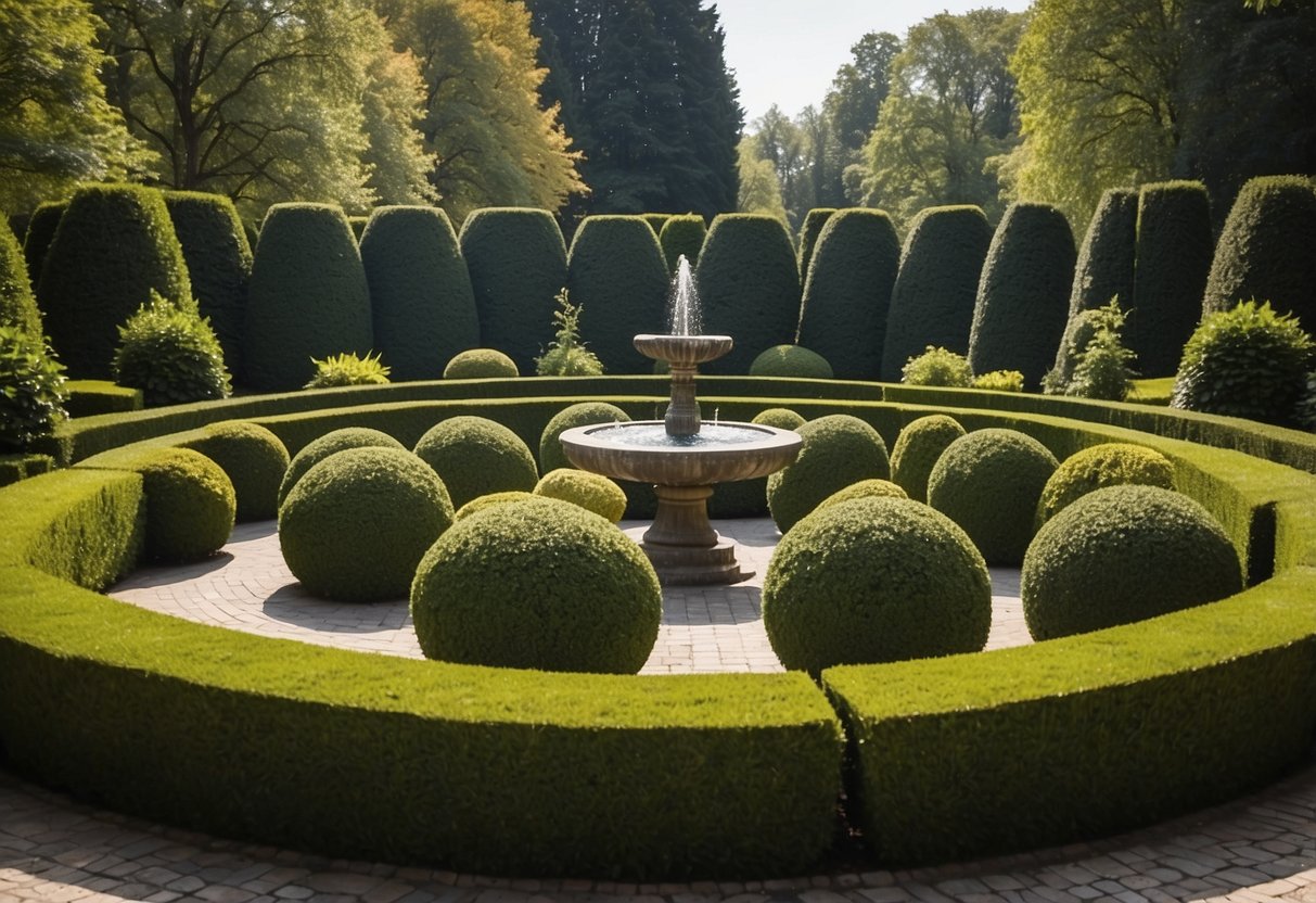 A formal Euonymus garden with neatly trimmed hedges, geometric pathways, and a central focal point such as a fountain or statue