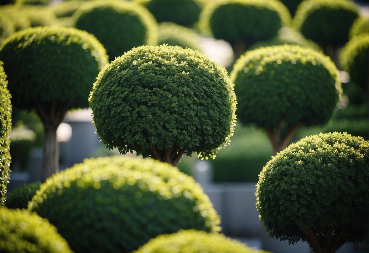 Lush green euonymus bushes shaped into intricate topiary art, creating a stunning garden display