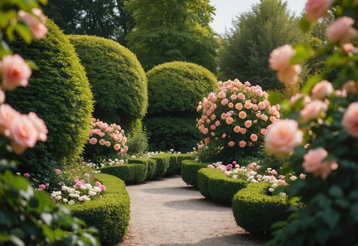 A lush garden with intertwining euonymus and roses, creating a colorful and vibrant display of foliage and blooms