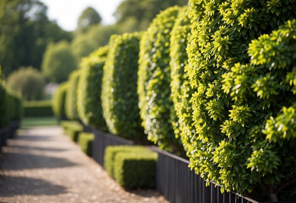 Lush green euonymus shrubs fill a well-manicured garden, creating a vibrant and dynamic landscape. The different varieties of euonymus are carefully arranged to provide a visual feast of color and texture