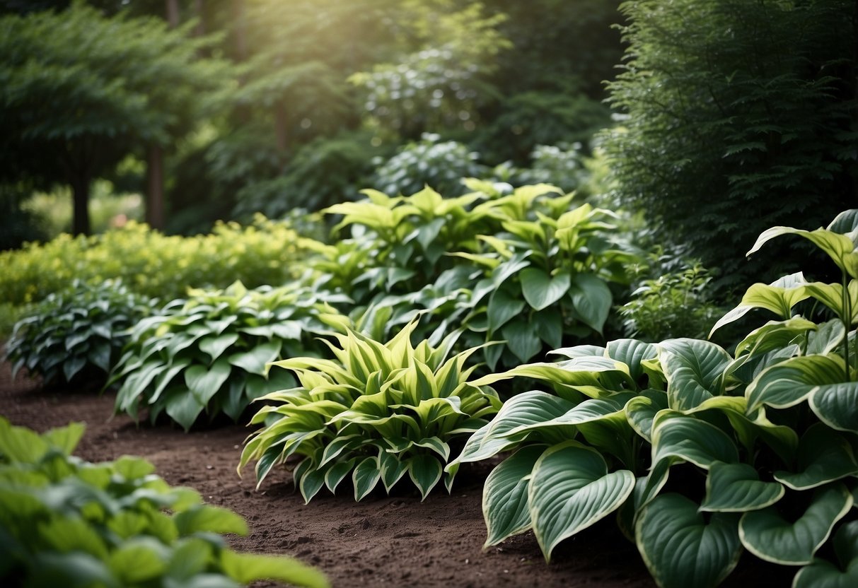 A lush garden border featuring a variety of evergreen hosta plants, with different leaf shapes and shades of green, creating a harmonious and visually appealing landscape