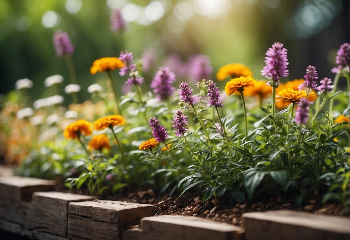 A vibrant herb garden border with aromatic plants and colorful flowers