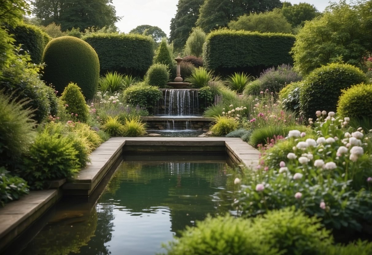 A serene garden with a water feature and lush greenery, evoking tranquility in a UK setting