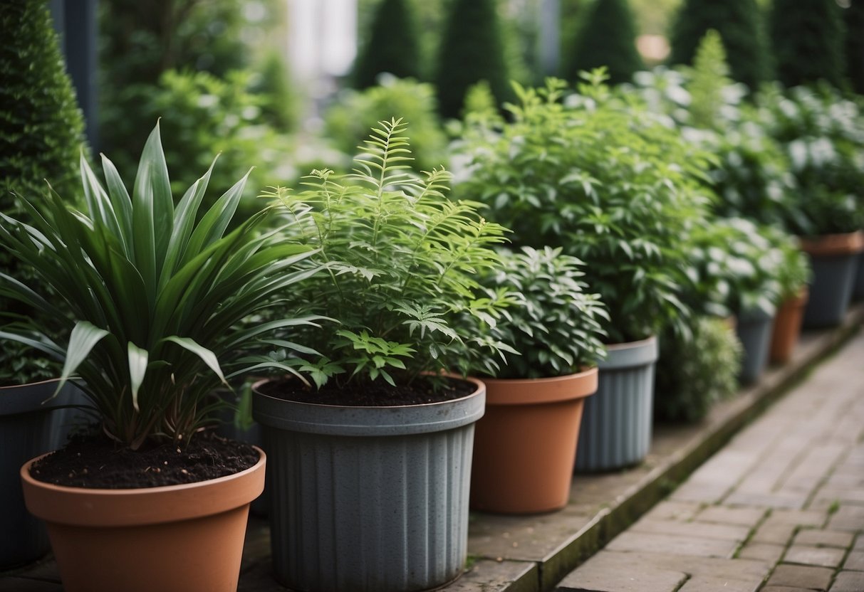 Lush green plants fill containers of various sizes, arranged in a harmonious display. The garden is vibrant with evergreen foliage, creating a serene and inviting atmosphere