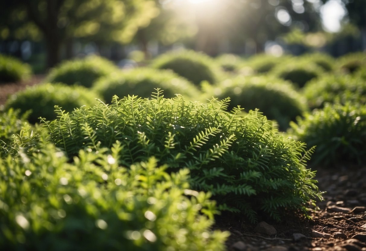 Lush green ground cover blankets the garden, with evergreen plants thriving in the low-maintenance landscape