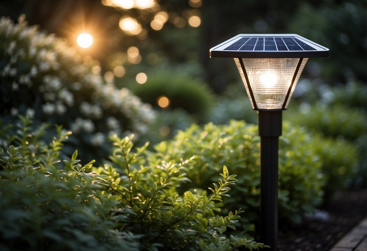 Solar garden lights installed in a lush, evergreen garden in the UK