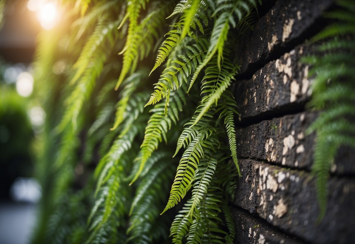 Lush ferns cascade down a vertical garden wall, creating a vibrant living tapestry of greenery