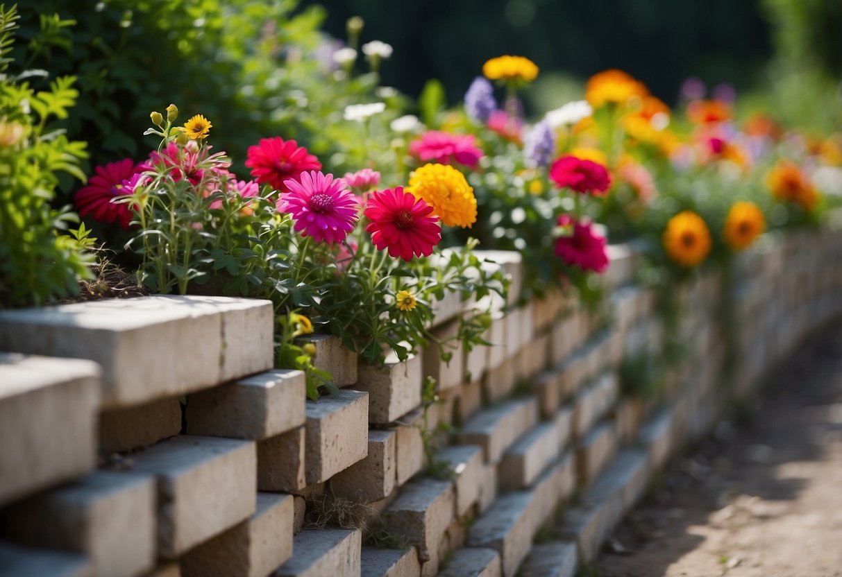 A garden wall made of cinderblocks filled with vibrant flowers