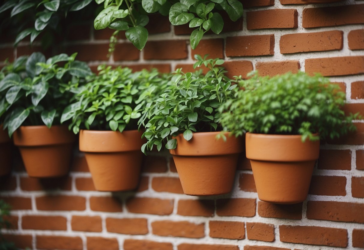 Lush greenery spills over terracotta pots on a garden wall, creating a vibrant hanging garden