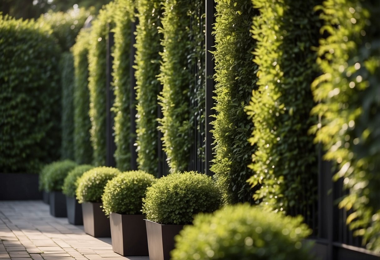 A garden wall adorned with decorative privacy screens, adding texture and visual interest to the space