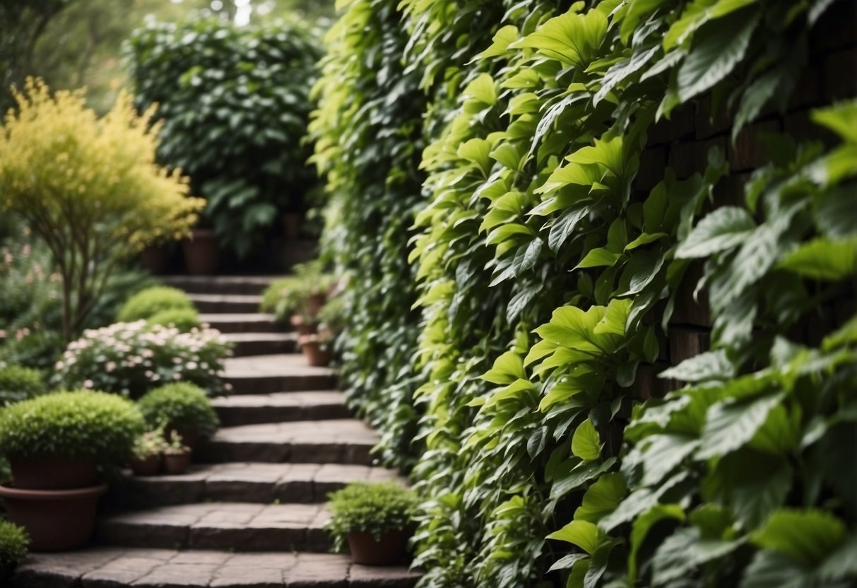 Lush greenery spills over rustic garden wall tiers, creating a natural and vibrant extension to the outdoor space