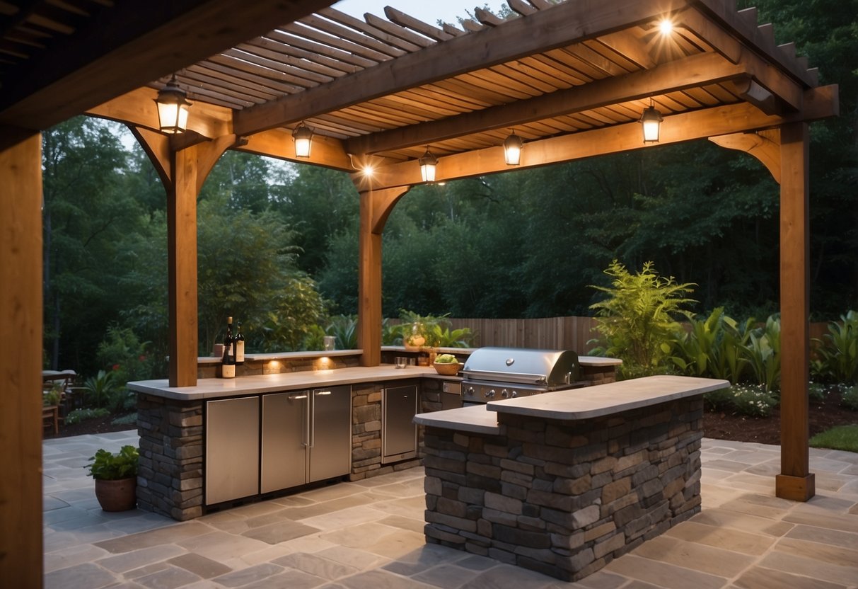 A spacious outdoor kitchen island with a built-in grill, sink, and bar seating surrounded by lush greenery and decorative lighting