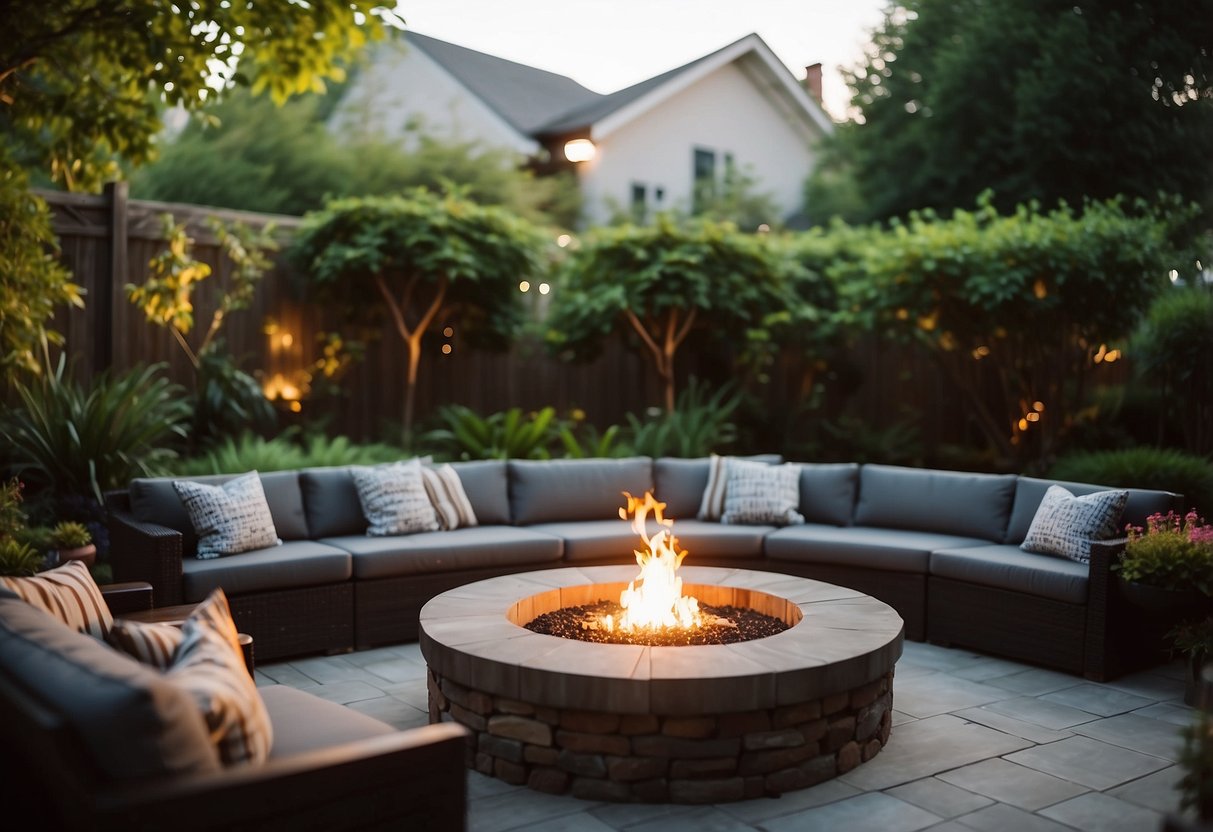 A cozy fire pit surrounded by comfortable seating, nestled in a lush garden extension with soft lighting and natural landscaping