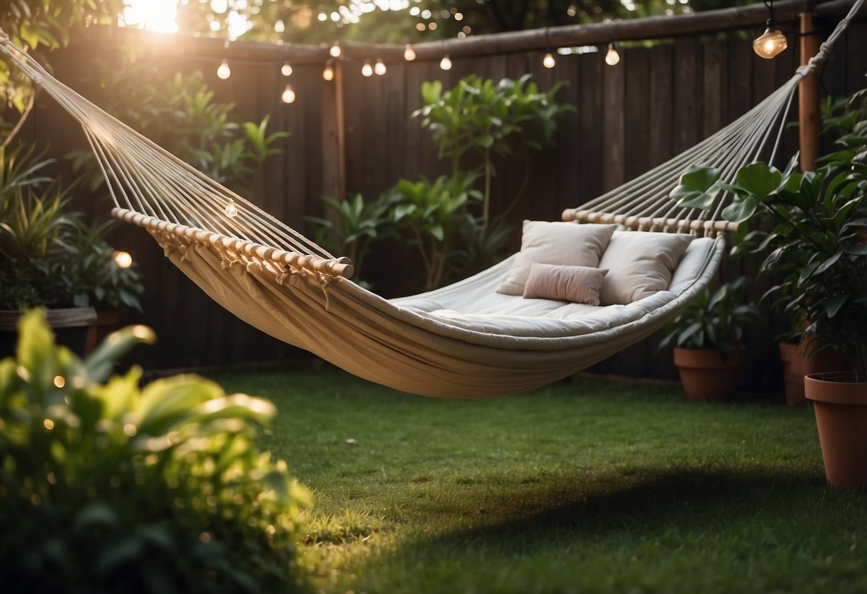 A cozy hammock hangs between two trees in a lush garden corner, with fairy lights twinkling above and potted plants surrounding the area