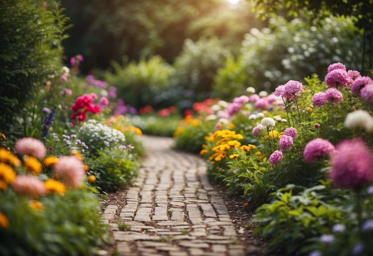 A winding pathway lined with vibrant flowers leads through a lush garden, creating a picturesque border for the backyard extension