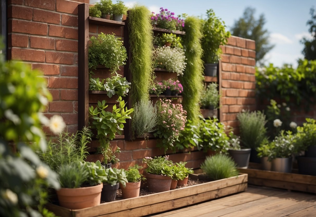 A wooden vertical herb garden hangs on a brick wall in a sunny back garden, surrounded by lush greenery and colorful flowers