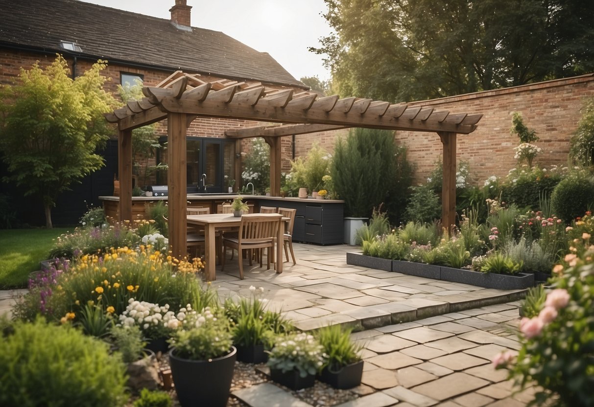 A spacious back garden with a variety of extension ideas such as a patio, outdoor kitchen, pergola, and flower beds