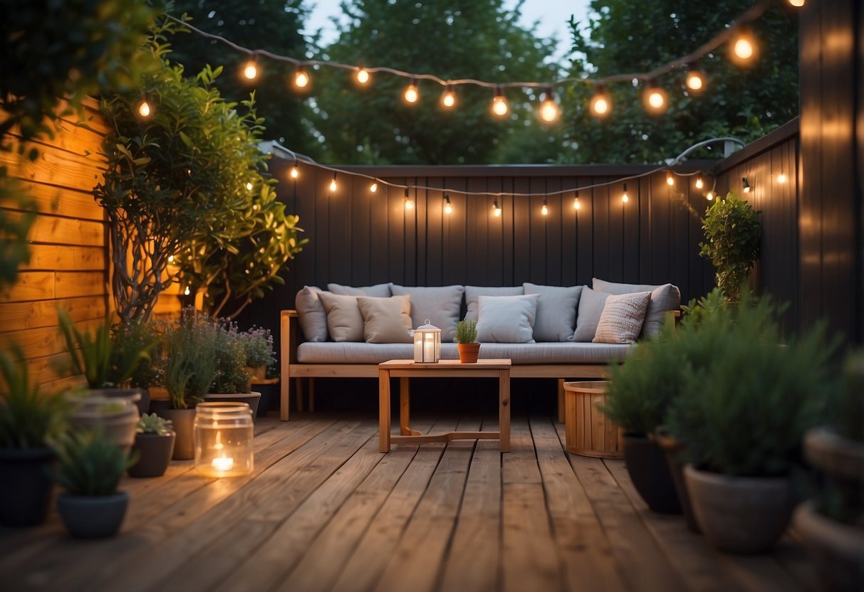 A cozy back garden extension with a wooden deck, outdoor seating, potted plants, and string lights creating a warm and inviting atmosphere