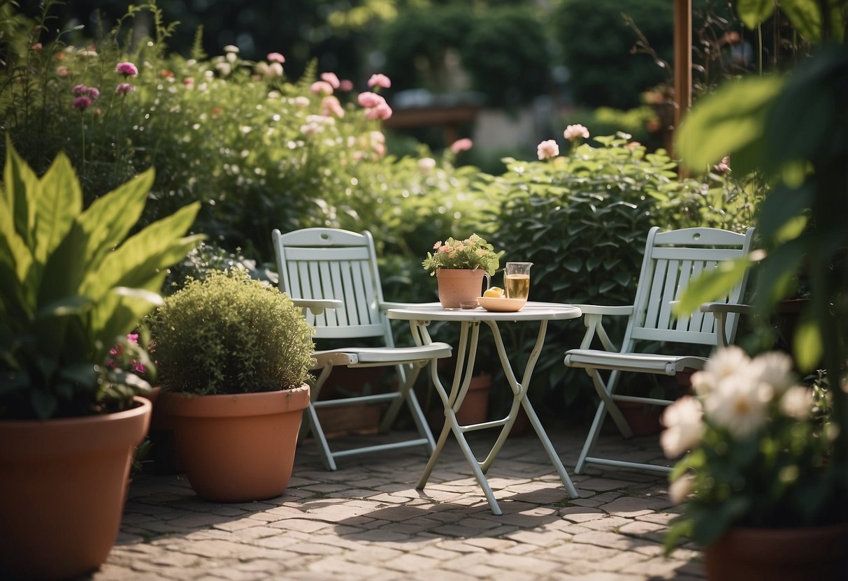 A small garden with foldable furniture, surrounded by lush greenery and blooming flowers, creating a cozy and inviting outdoor space