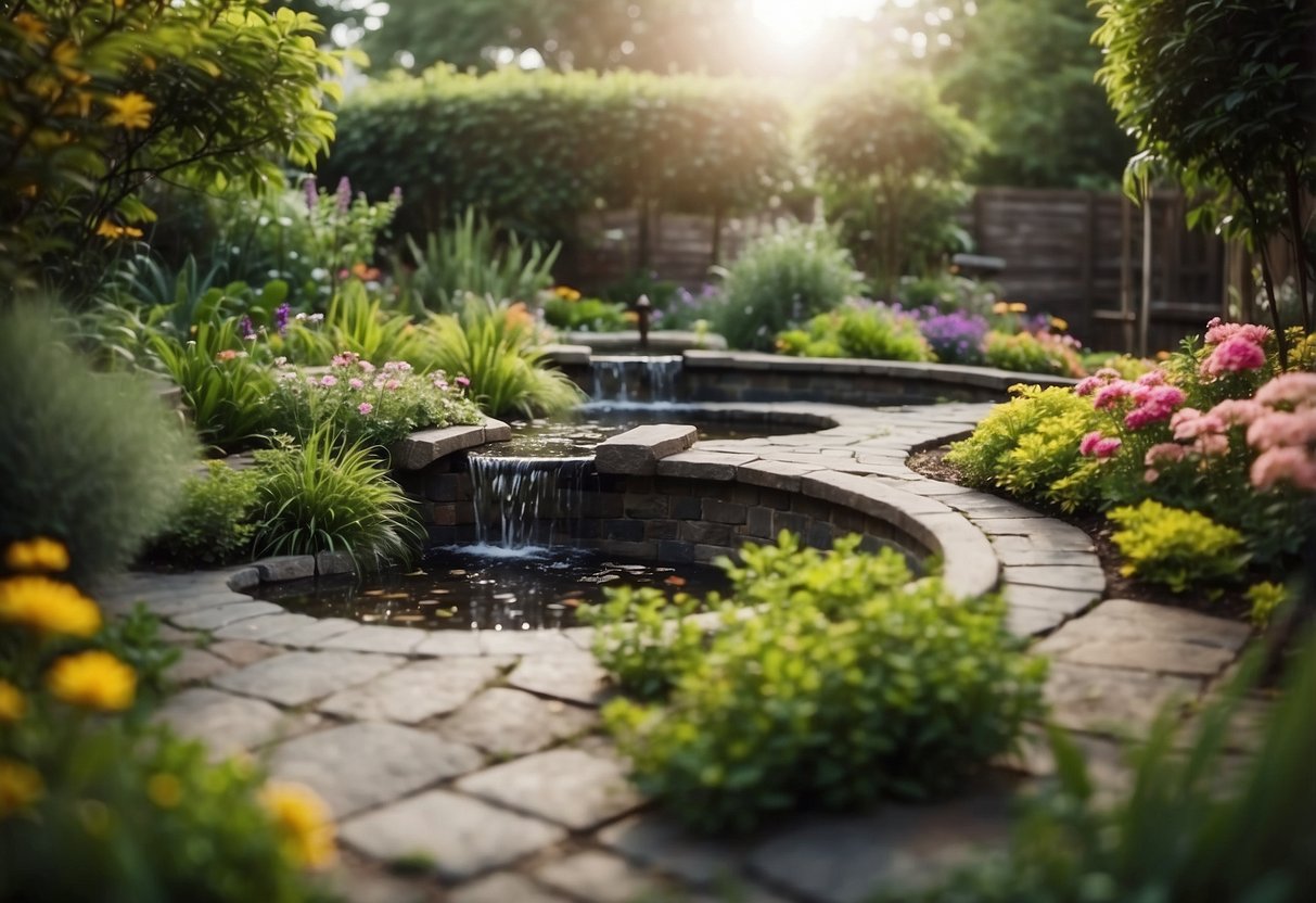 A small garden with a compact water feature surrounded by lush greenery and colorful flowers